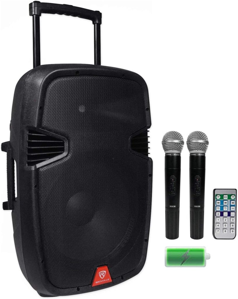 Rockville 15 Rechargable Powered 800W PA DJ Speaker, 2 Mics, Bluetooth (RAM15BT V2)