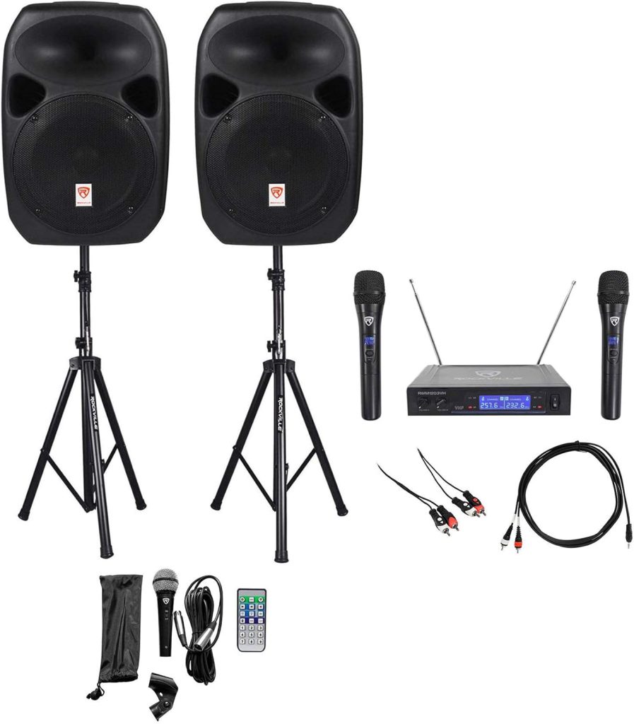 Rockville Power GIG RPG-122K All In One DJ/PA Package (2) 12 DJ/PA Speakers 1000 Watts Peak Power/250 Watts RMS with Built in Bluetooth, USB/SD Player, FM Tuner, Speaker Stands and a Wired Microphone