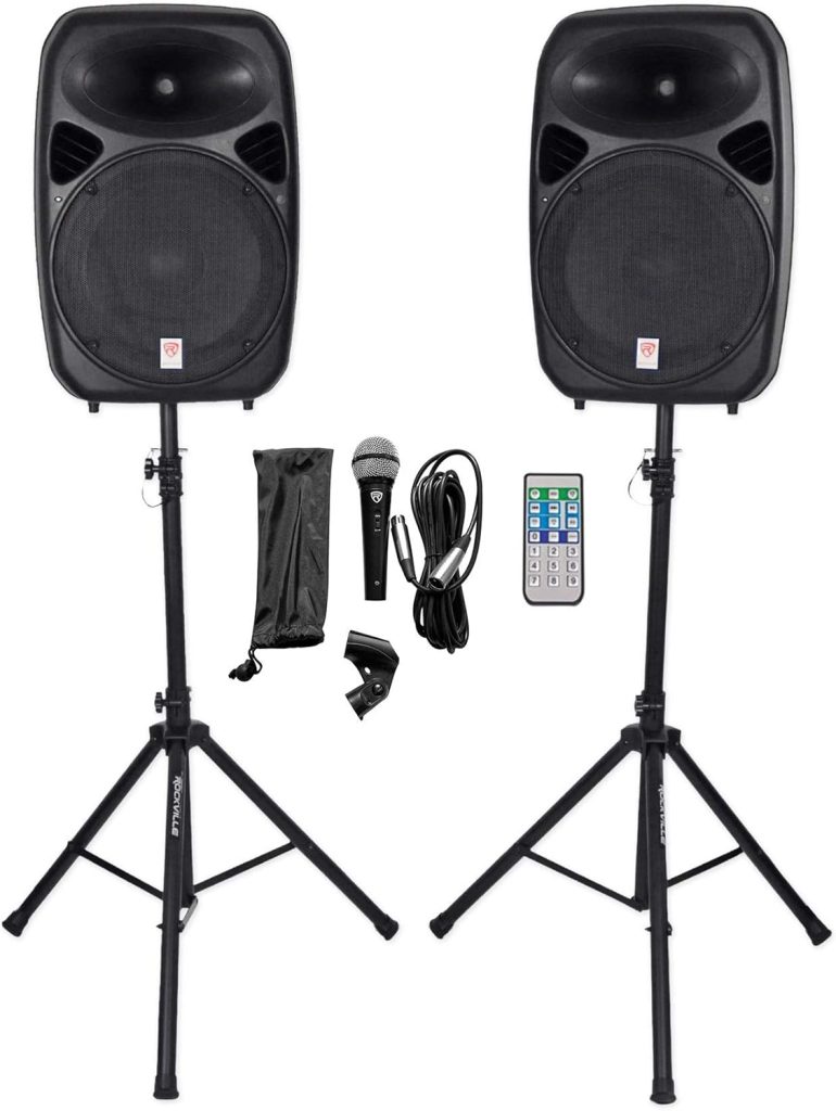 Rockville RPG152K Dual 15 Powered Speakers, Bluetooth+Mic+ Stands+Cables