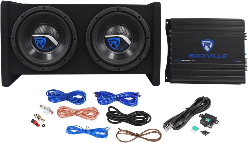 Rockville RV8.2A 800 Watt Dual 8 Car Subwoofer Enclosure+Mono Amplifier+Amp Kit black