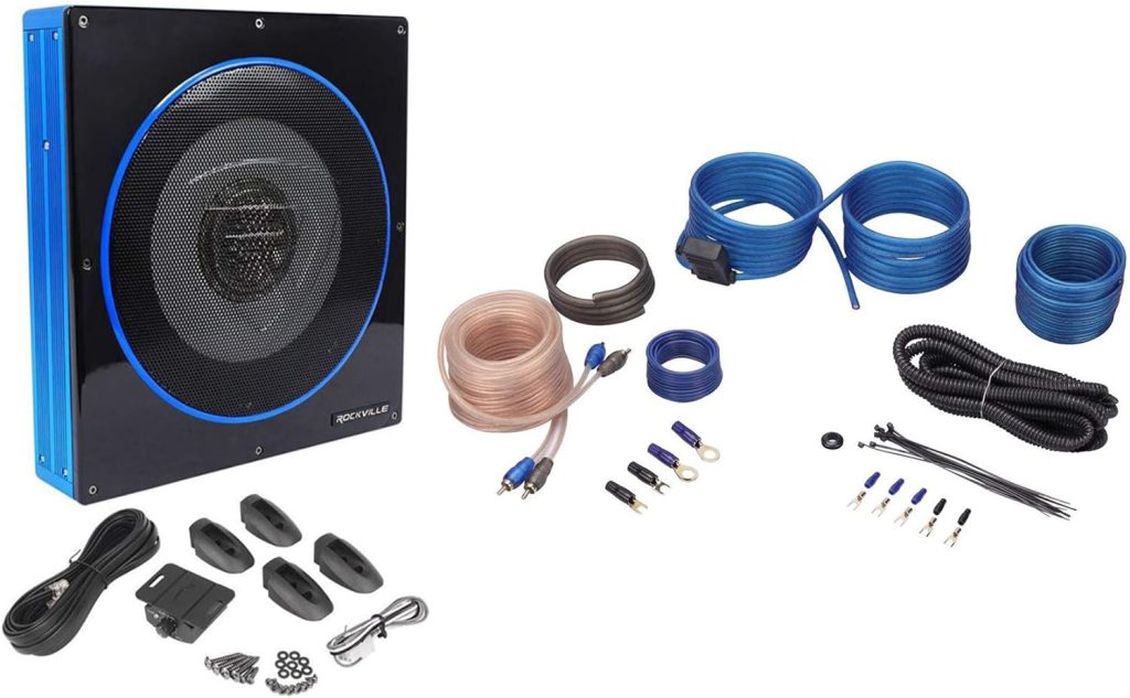 Rockville RW10CA 10 800 Watt Under-Seat Slim Amplified Car Subwoofer +Wire Kit