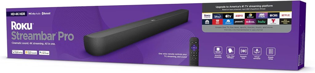 Roku Streambar Pro | 4K/HD/HDR Streaming Media Player  Cinematic Sound, All In One, Roku Voice Remote with Headphone Jack for Private Listening, Personal Shortcut Buttons, and TV Controls (Renewed)