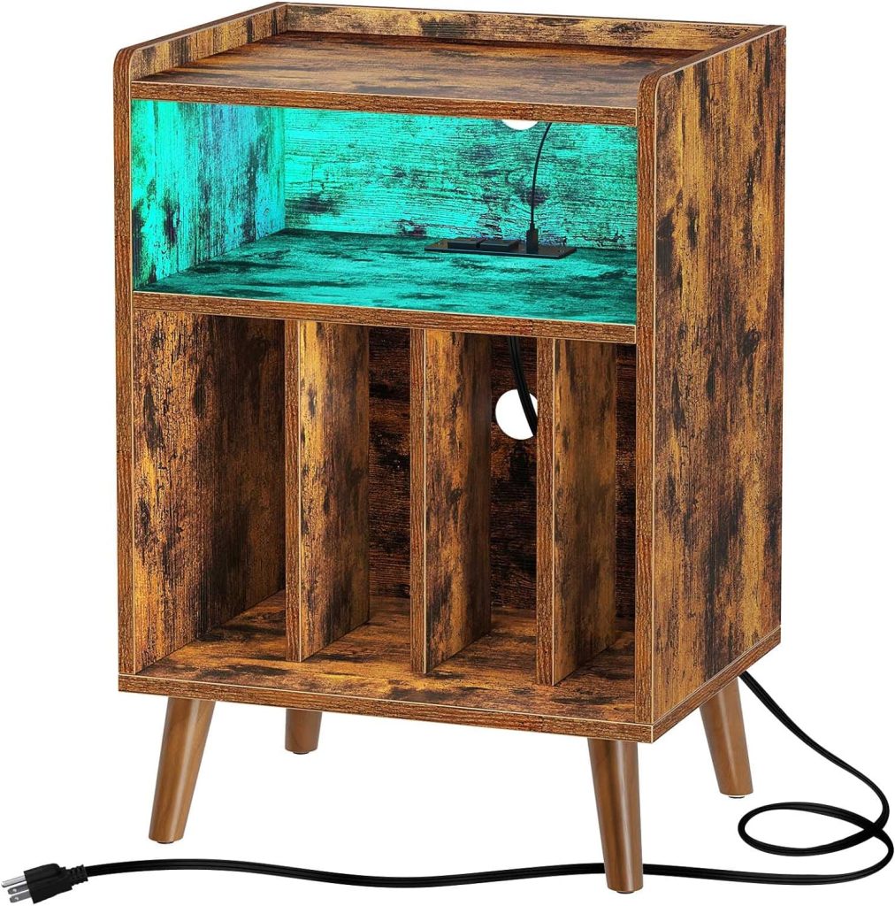 Rolanstar End Table with Charging Station, Record Player Stand with LED Lights, Nightstand with Storage Shelf, Mid-Century Record Storage, for Living Room,Bedroom - Rustic Brown : Home  Kitchen