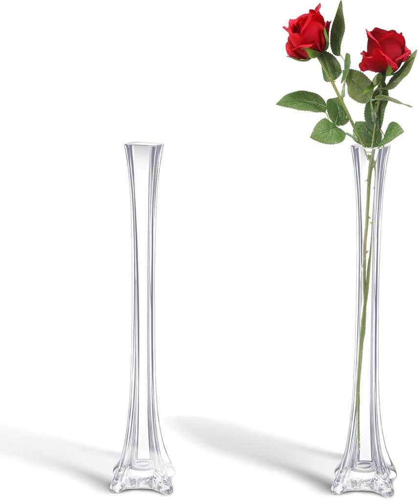 Roshtia 2 Pcs Eiffel Tower Vase Bulk 16 Inch Flute Vase Glass Vases Tall Glass Vases Long Skinny Vase Base Glass for Wedding Centerpiece Flowers Decorations (Clear)