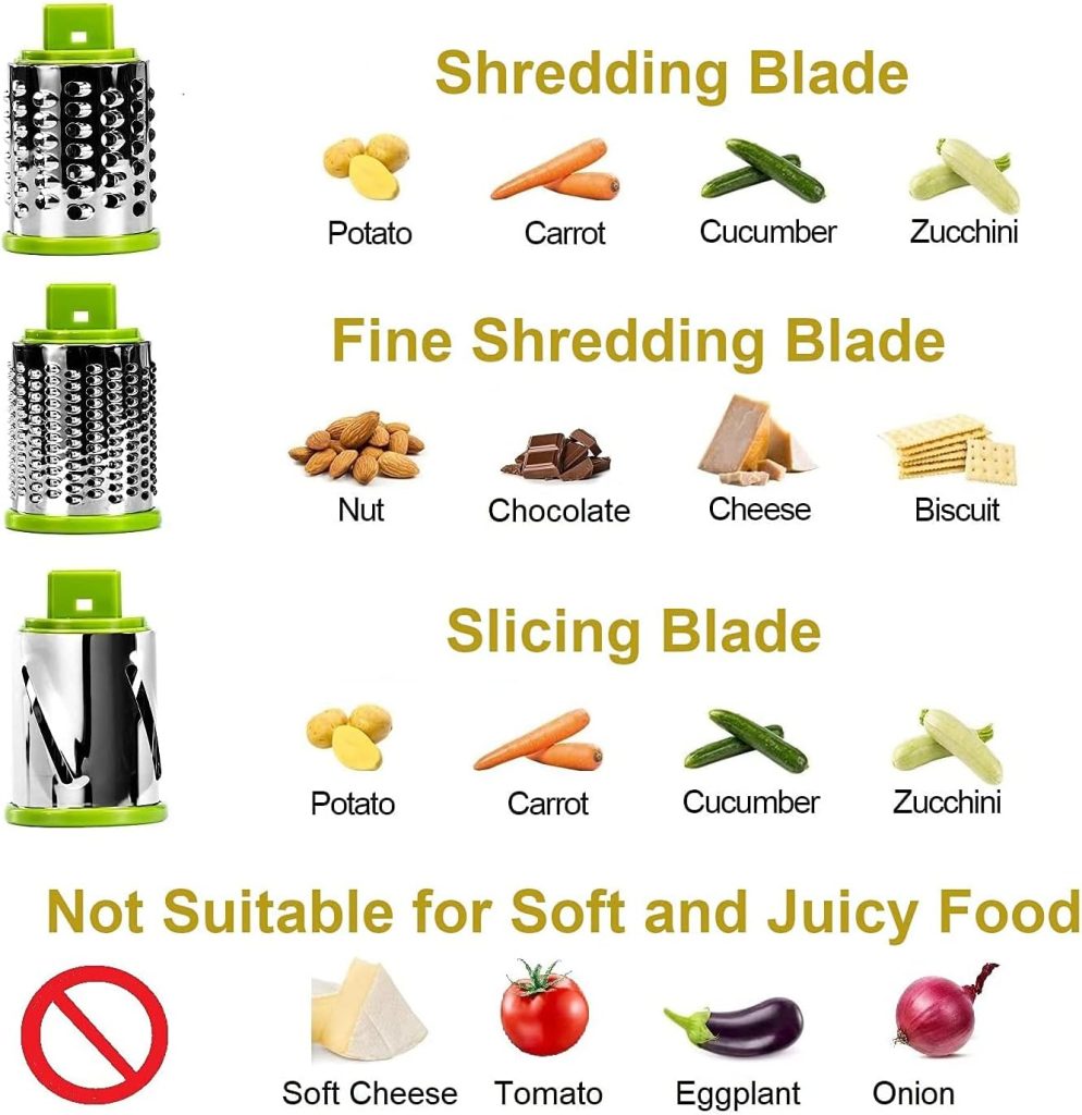 Rotary Cheese Grater - Round Vegetable Mandoline Slicer with 3 Drum Stainless Steel Blades, Dishwasher Safe, Super Vacuum Suction Base