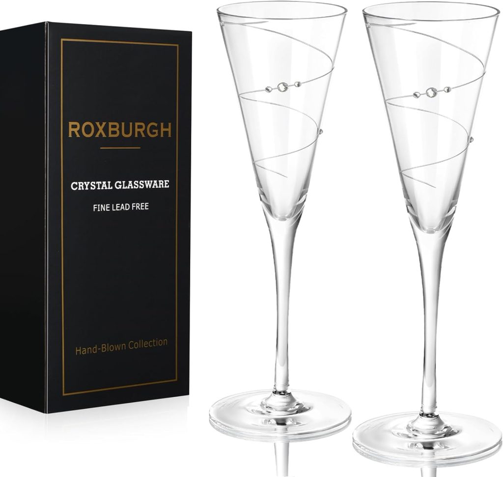 ROXBURGH Champagne Flutes Glasses Set of 2, Wedding Toasting Flutes Wraparound Hand-Cut Design Embellished with Rhinestones, Bride and Groom Mr and Mrs Gifts for Birthday Banquets Anniversary Party