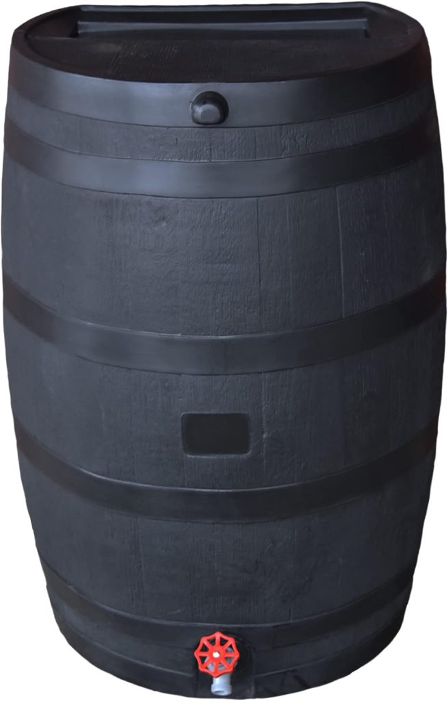 RTS Companies Inc Home Accents 50-Gallon ECO Rain Water Collection Barrel Made with 100% Recycled Plastic Spigot, Black