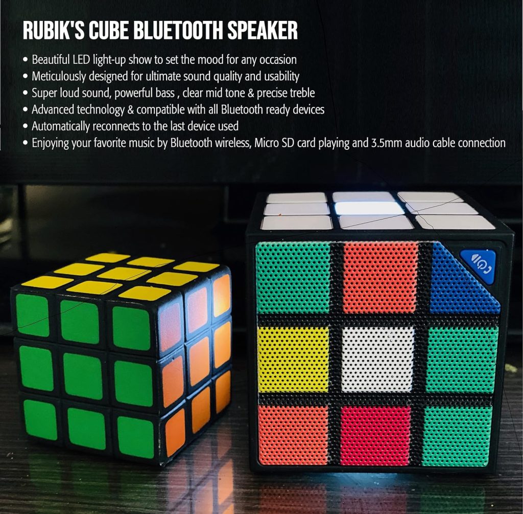 Rubiks Cube Portable Bluetooth Speaker w/Built-in Microphone, Loud Stereo Sound Flashes to Music Beats, 26 Bluetooth Range, Wireless Speaker for iPhone, Google, Huawei, Samsung and More