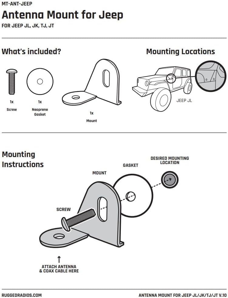 Rugged Antenna Mount Near The Hood Side - Compatible with Jeep Wrangler JL JLU  Gladiator JT 2018-2021 (Passenger Side)