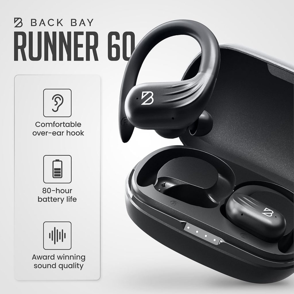 Runner 60 Wireless Running Earbuds, 80 Hour Long Battery Life Over the Ear Earbuds with EarHooks, Wrap Around Ear Buds Wireless Bluetooth Earbuds with Microphone, Earphones In Ear Headphones