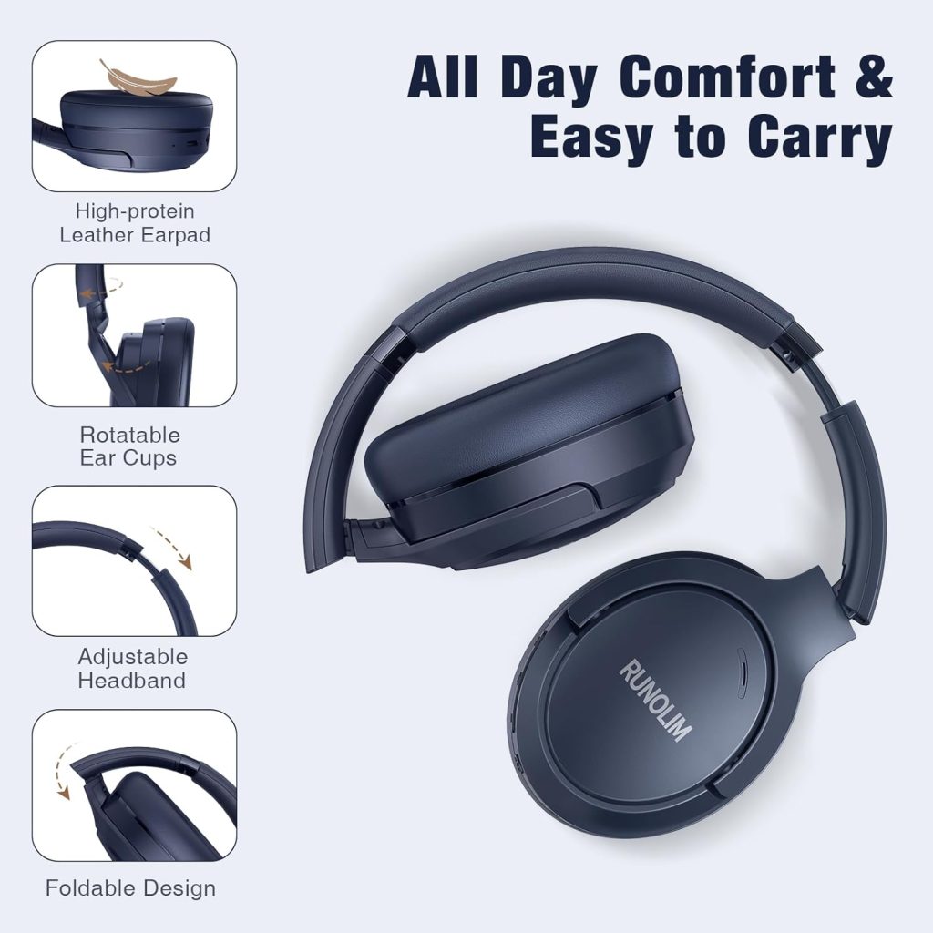 RUNOLIM Hybrid Active Noise Cancelling Headphones, Wireless Over Ear Bluetooth Headphones with Microphone, 65H Playtime, Foldable Headphones with HiFi Audio, Deep Bass for Home Travel Office