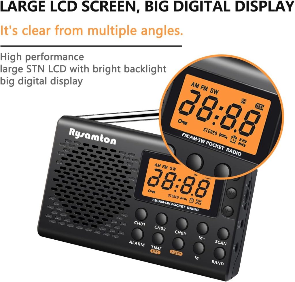 Rysamton NOAA Weather Radio, Portable AM/FM/WB Emergency Radio with Best Reception and Longest Lasting, Alarm and Sleep Function, Powered by 2 AA Battery, Large Digital Display, Earphone Included