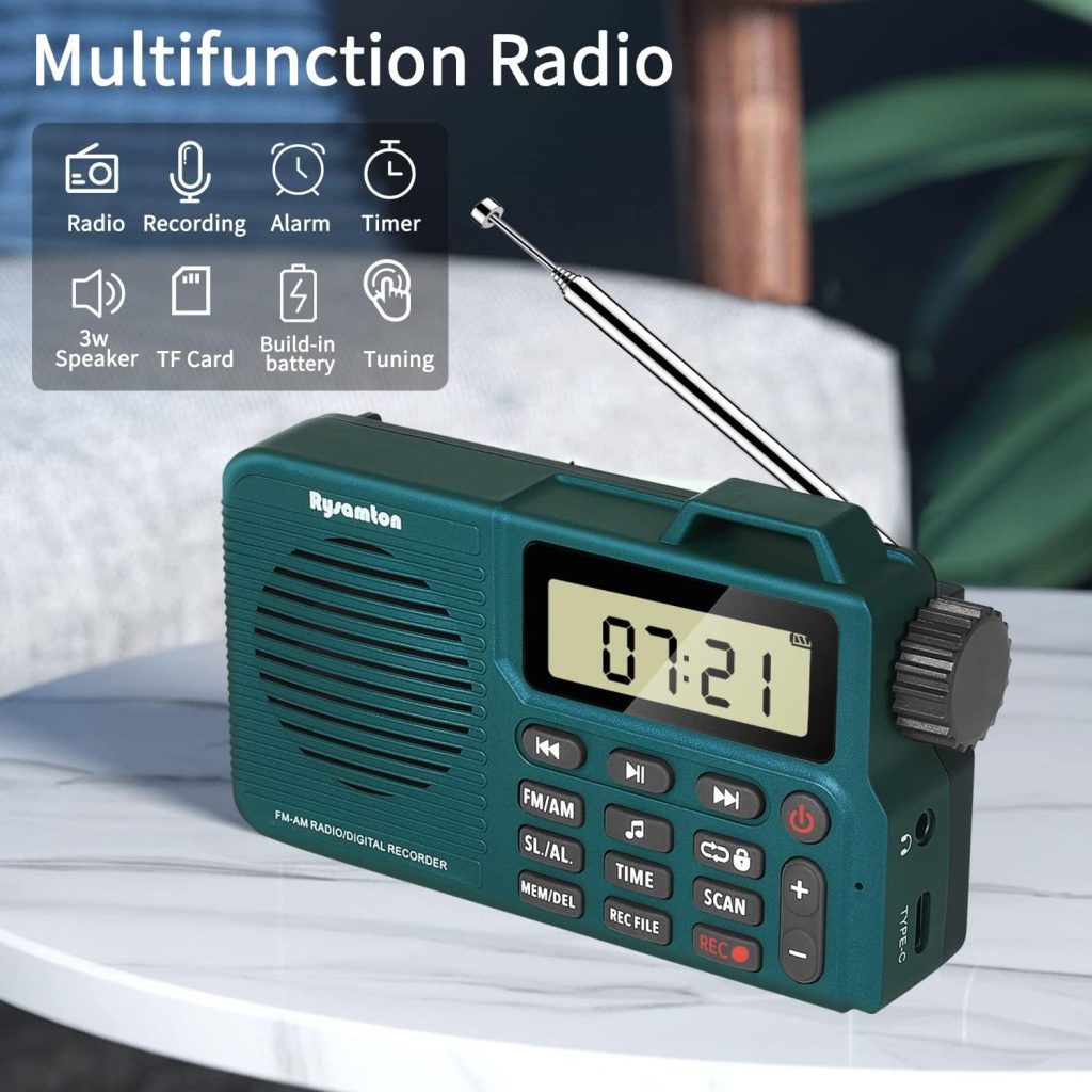 Rysamton Portable AM/FM Radio, Digital Radio Recorder, Bluetooth 5.0 Radio Speaker, Alarm and Sleep Function, 12/24H Time Display with Large Digital Display