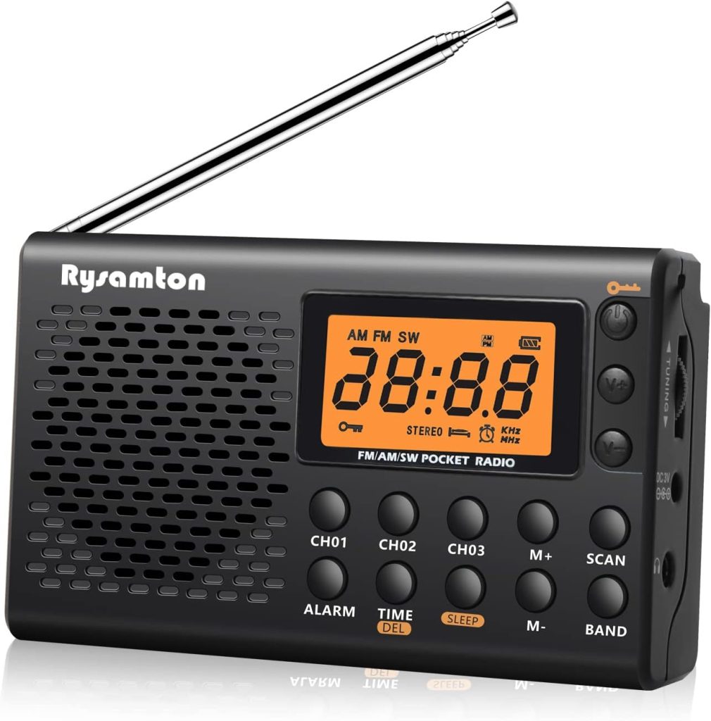 Rysamton Portable AM/FM/Shortwave Radio, Batteries Operated Pocket Radios, Large Digital Display, Clock Radio with Alarm and Sleep Function, Earphone Included (Black)