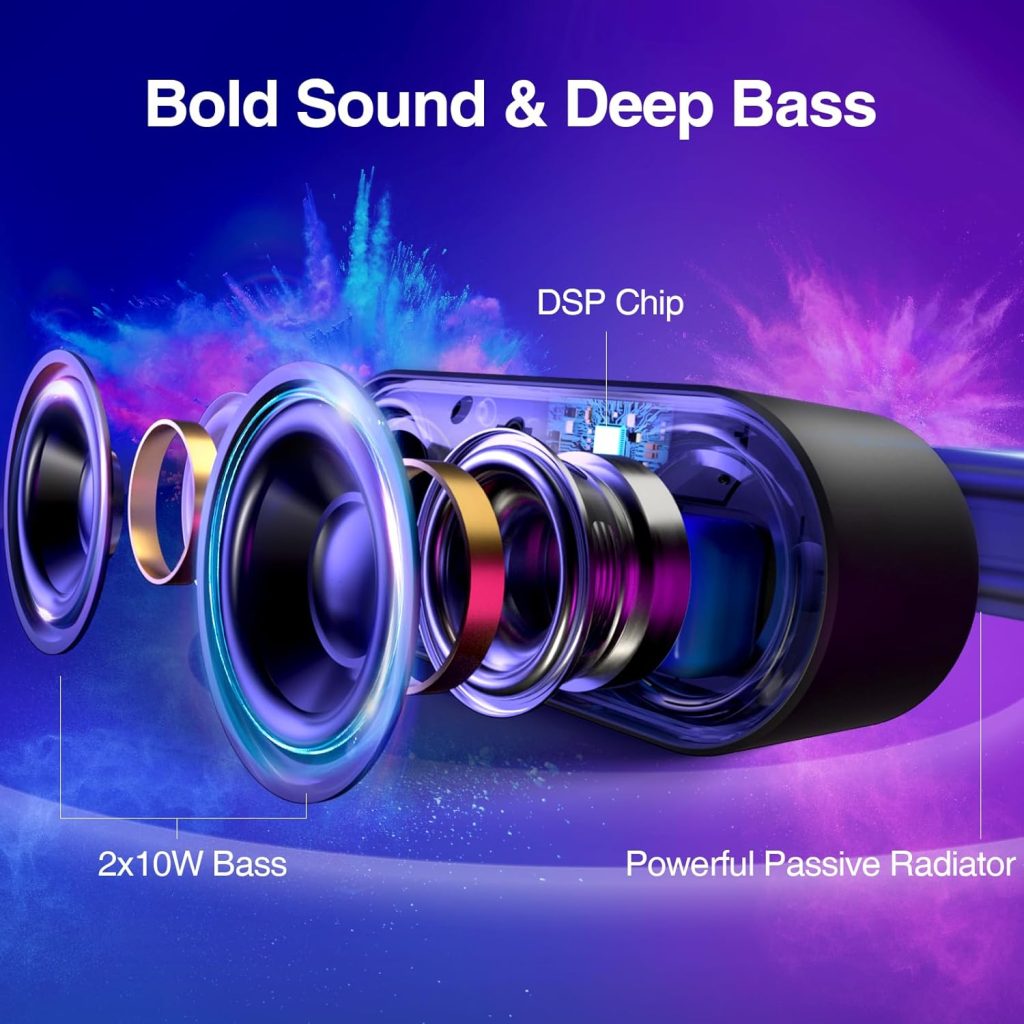 Rythflo Bluetooth Speakers, [Blod Bass  Dynamic Lights] Portable Wireless Speaker with 20W Powerful Sound, 24Hrs Playtime, Build-in MIC, IP66 Waterproof/Dustproof Blue Tooth Speaker