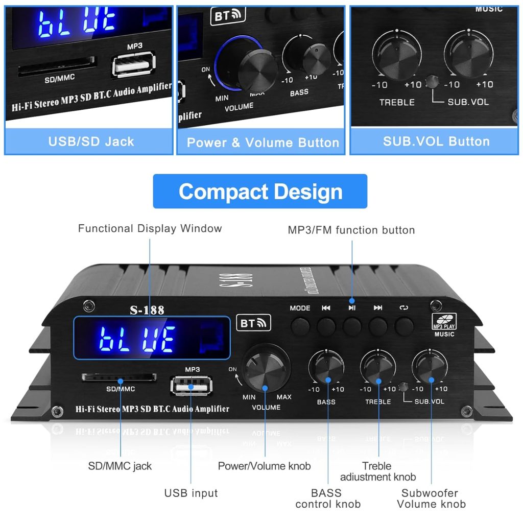S-188 Bluetooth Audio Power Amplifier 2.1CH 40Wx2+50W Max. 600W Output Hi-Fi Subwoofer Amplifier Integrated Mini Stereo Amp Receiver W/SD,USB,Remote Control,Adapter for Home,Car Speakers.