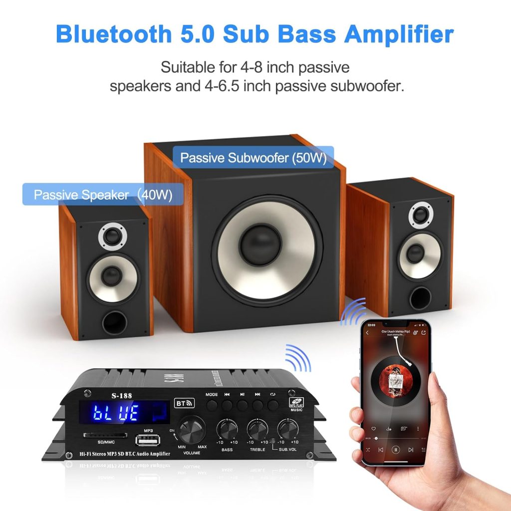 S-188 Bluetooth Audio Power Amplifier 2.1CH 40Wx2+50W Max. 600W Output Hi-Fi Subwoofer Amplifier Integrated Mini Stereo Amp Receiver W/SD,USB,Remote Control,Adapter for Home,Car Speakers.