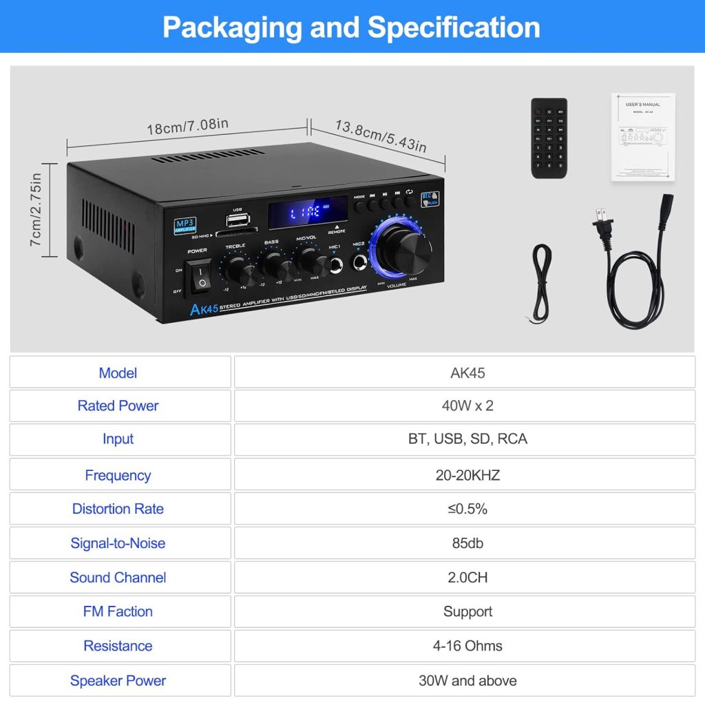 S-188 Bluetooth Audio Power Amplifier 2.1CH 40Wx2+50W Max. 600W Output Hi-Fi Subwoofer Amplifier Integrated Mini Stereo Amp Receiver W/SD,USB,Remote Control,Adapter for Home,Car Speakers.