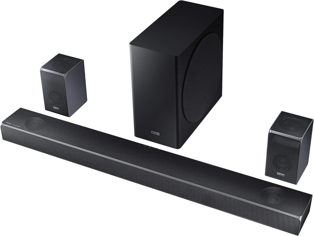 SAMSUNG Harman Kardon 7.1.4 Dolby Atmos Soundbar HW-Q90R with Wireless Subwoofer and Rear Speaker Kit, Adaptive Sound, Game Mode, 4K Pass-Through with HDR, Bluetooth  Alexa Compatible (HW-Q90R/ZA)