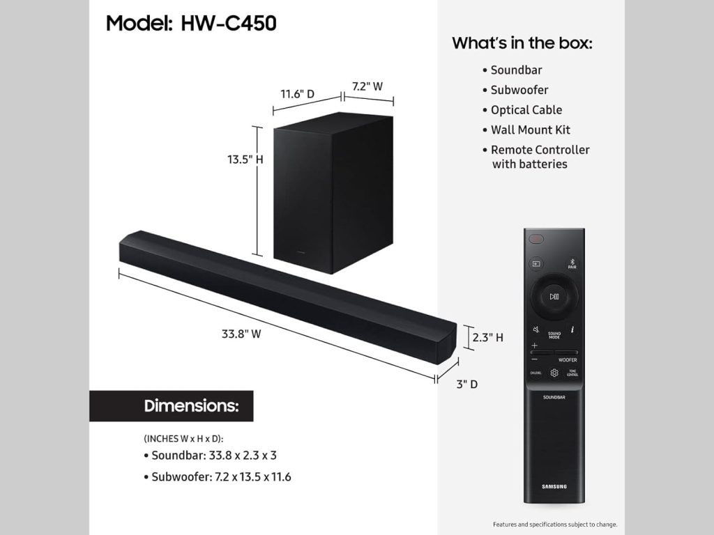 SAMSUNG HW-B550/ZA 2.1ch Soundbar w/Dolby Audio, DTS Virtual:X, Bass Boosted, Subwoofer Included, Adaptive Sound Lite, Bluetooth Multi Device Connection, Wireless Surround Compatible, 2022,Black