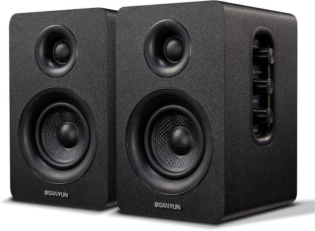 Sanyun SW208 3 Active Bluetooth 5.0 Bookshelf Speakers – 60W Carbon Fiber Speaker Unit - Built-in 24bit DAC - Dynamic 3D Surround Sound – 2.0 Computer PC Monitor Gaming Speakers (Pair, Black)