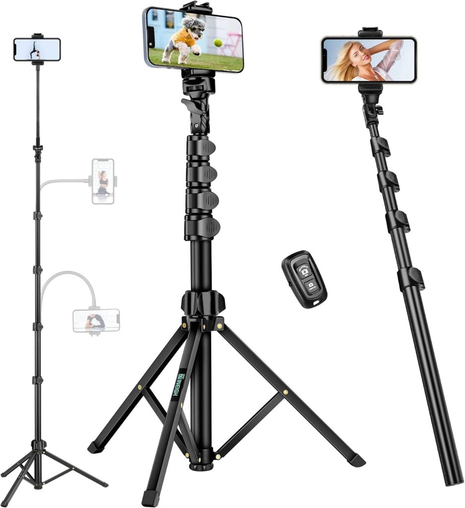 Selfie Stick Tripod, 85 Phone Tripod, Aluminum Tripod Stand for Video Recording Photo Vlog, Travel Cell Phone Tripod with Gooseneck/Remote/Phone Holder, Compatible with iPhone Android Smartphone