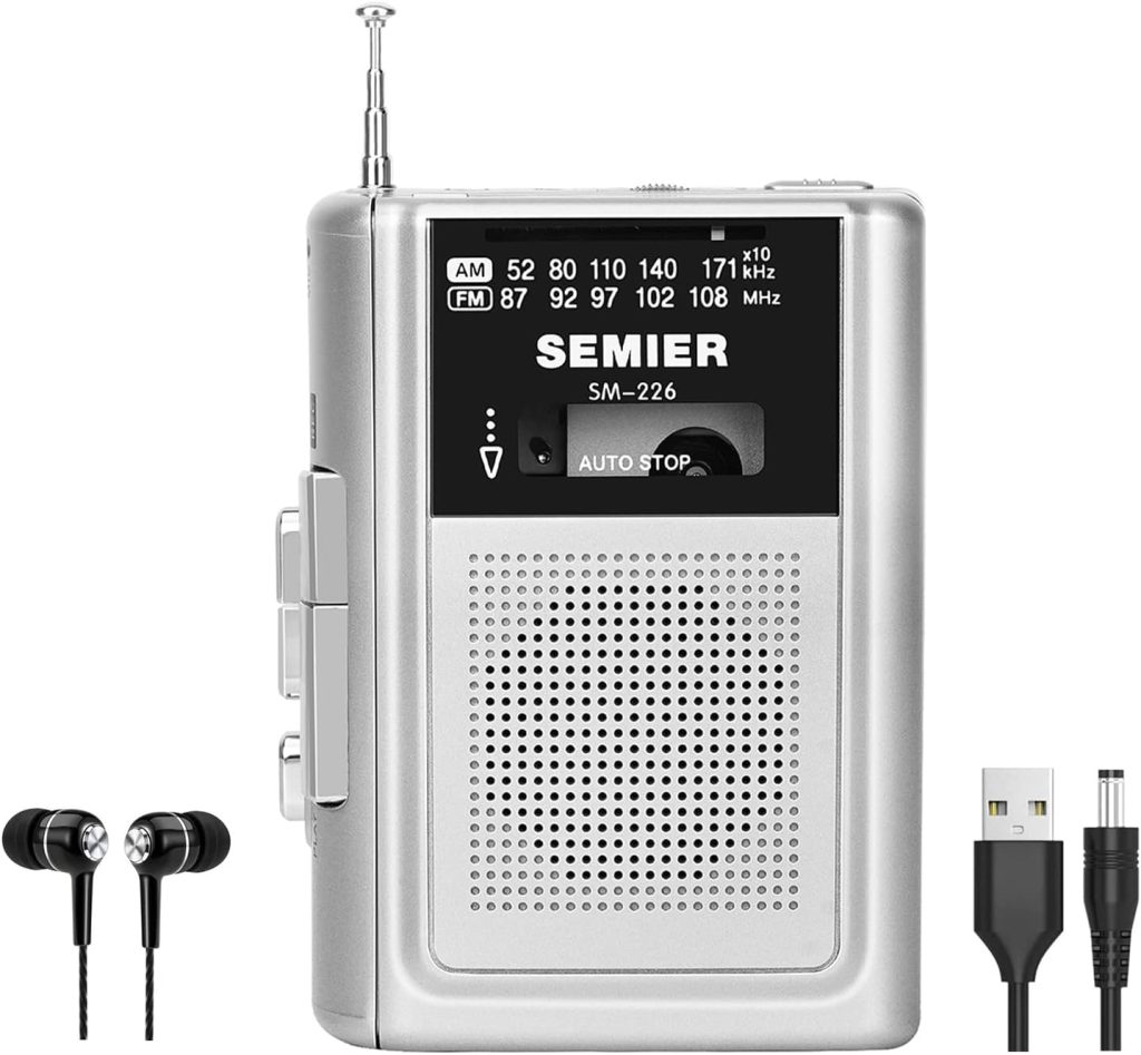 SEMIER Portable Cassette Player Recorder AM FM Radio Stereo -Compact Personal Walkman Tape Player/Recorder with Built in Speaker and Earphones -Silver
