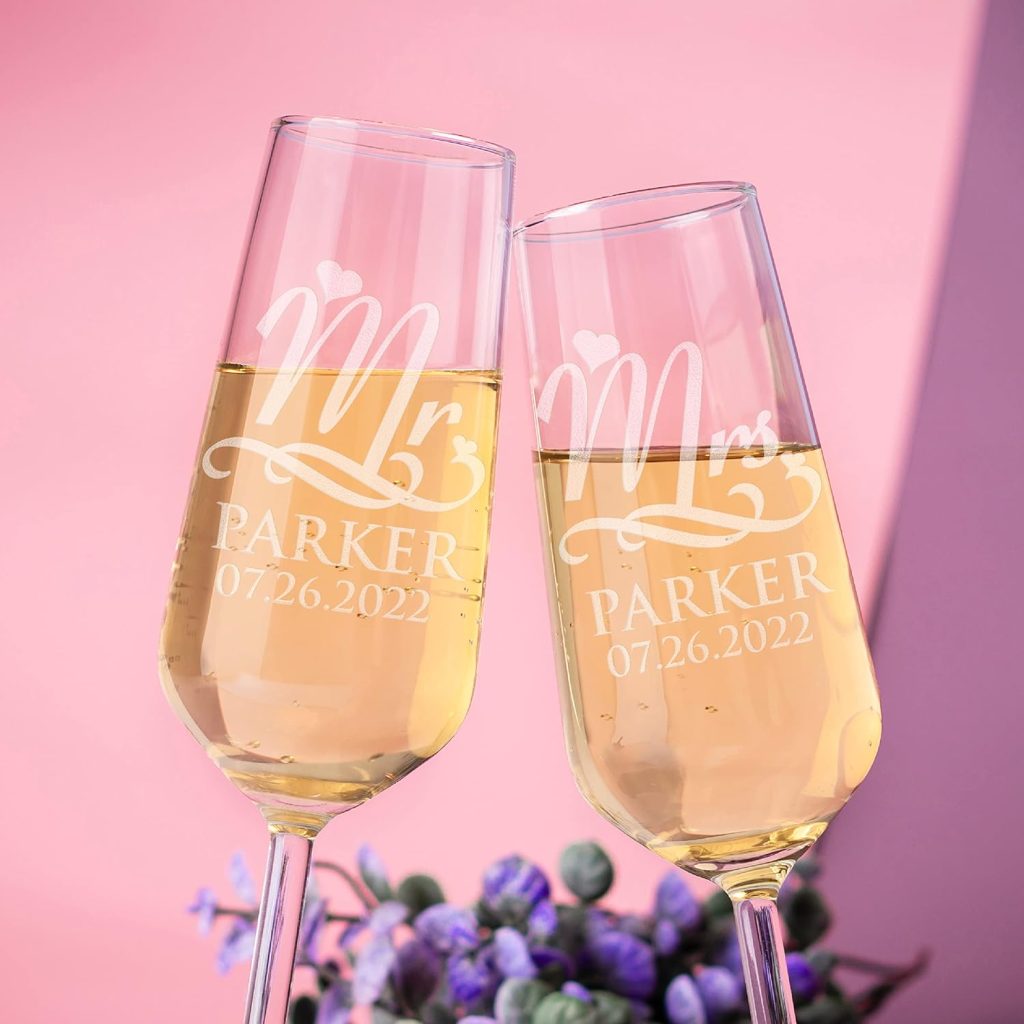 P Lab Set of 2, Bride and Groom Champagne Glasses w/Last Name & Date,  Personalized Mr. Mrs. Engagement & Wedding Champagne Flutes, Toasting  Glasses - Customized Etched Flutes, Wedding Gift #N5 
