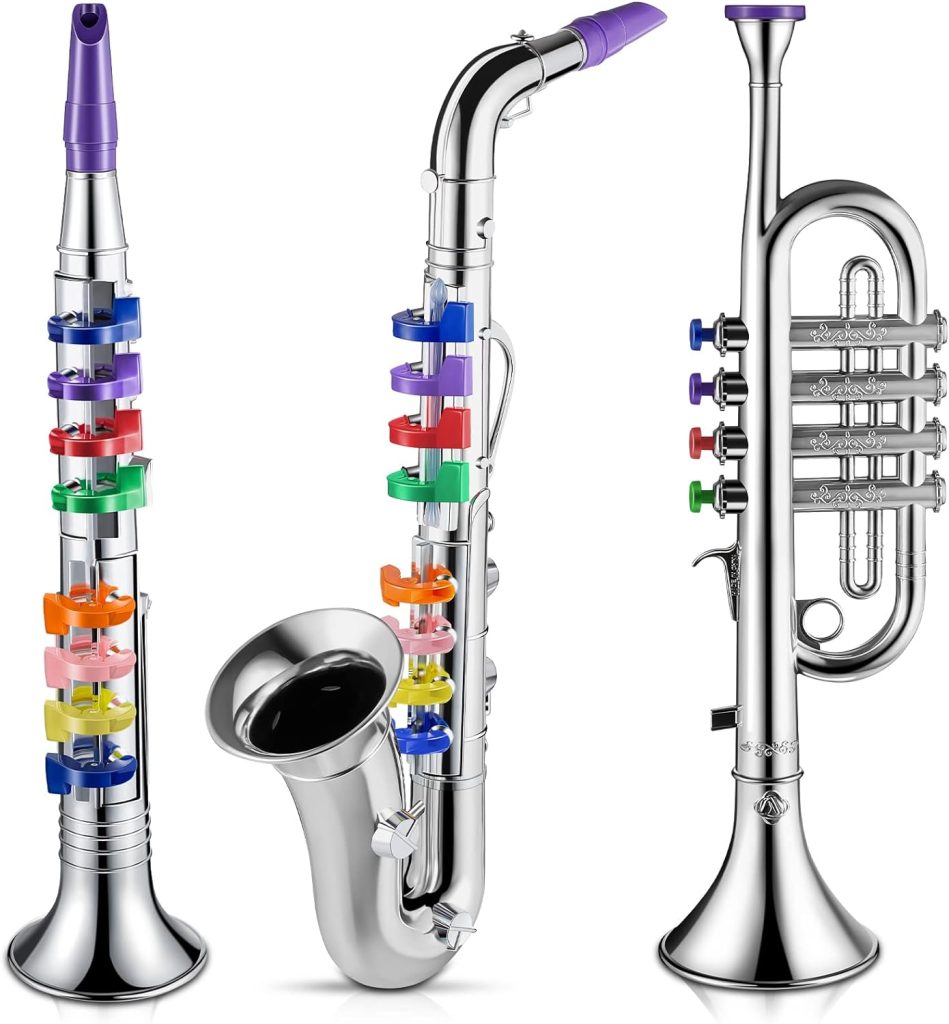 Set of 3 Saxophone for Kids Musical Instruments Toy Saxophone Toy Trumpet and Toy Clarinet with 8 Colored Coded Keys Teaching Songs for Toddlers Children (Silver)