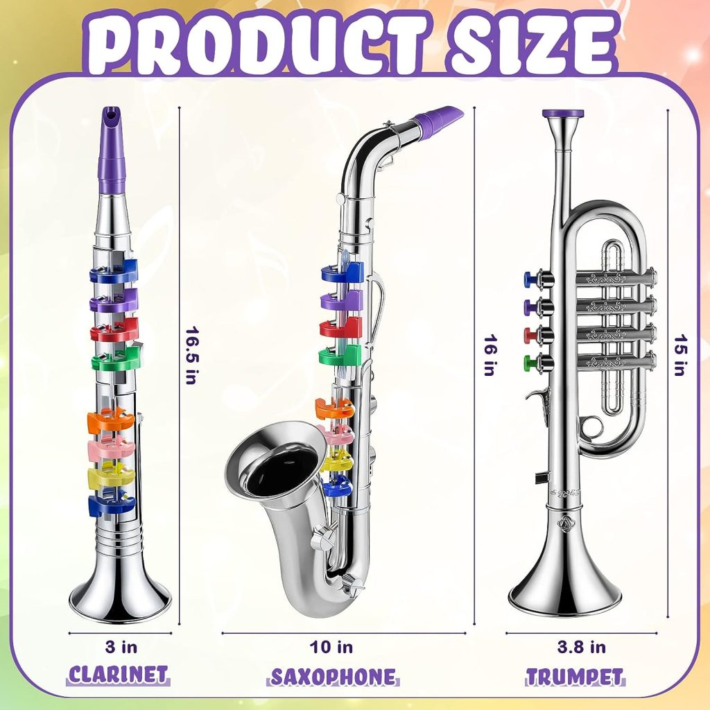 Set of 3 Saxophone for Kids Musical Instruments Toy Saxophone Toy Trumpet and Toy Clarinet with 8 Colored Coded Keys Teaching Songs for Toddlers Children (Gold)