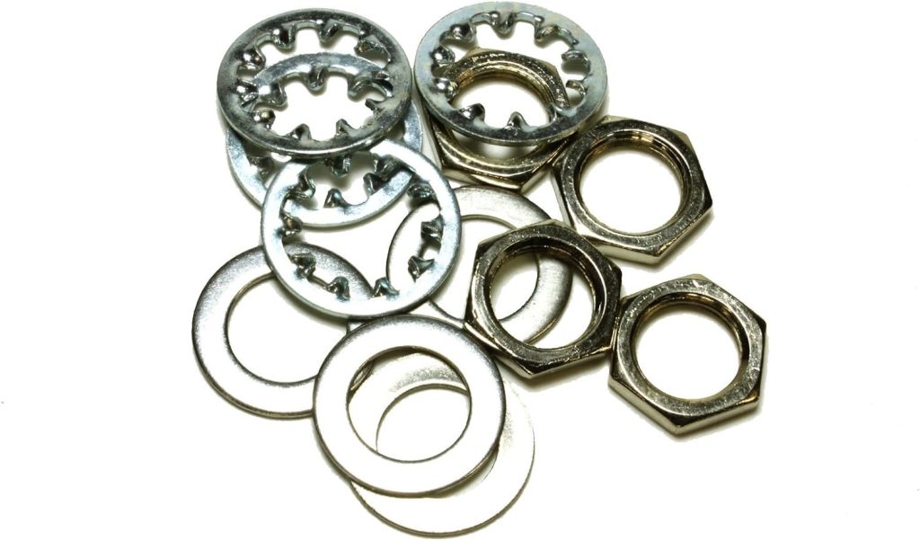 set of 4 Guitar nuts, washers  lock washers for US CTS Pots  Switchcraft Jacks, metal