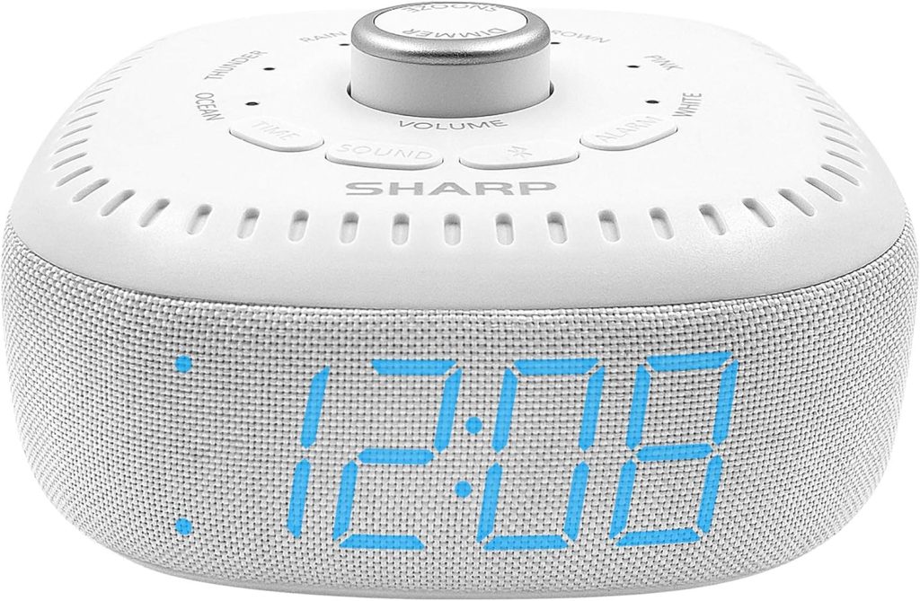 SHARP Sound Machine Alarm Clock with Bluetooth Speaker, 6 High Fidelity Sleep Soundtracks – White Noise Machine for Baby, Adults, Home and Office – Blue LED