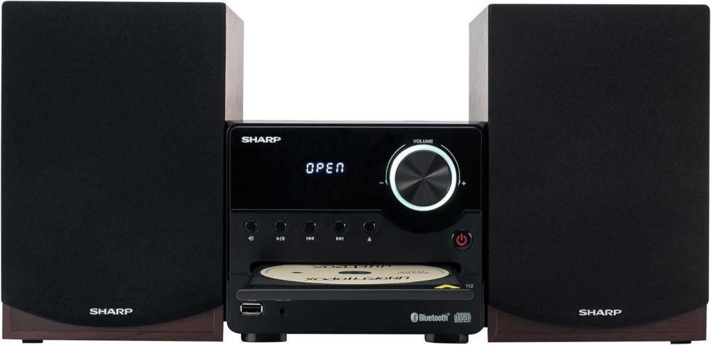 Sharp XL-B512 Micro Component Wireless Bluetooth Audio Streaming  CD Player Wood Speaker System + Remote, USB Port, MP3 Playback, FM Stereo Digital Tuner, Aux Input, Black Oak