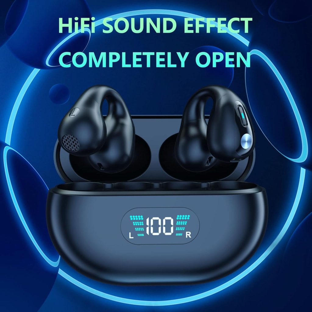 SHIJIAET Wireless Ear Clip Bone Conduction Earbuds Open Ear Headphones Bluetooth, Clip On Sport Wireless Earbuds Waterproof Outer Headphones Cycling Running Workout Ear Buds Black