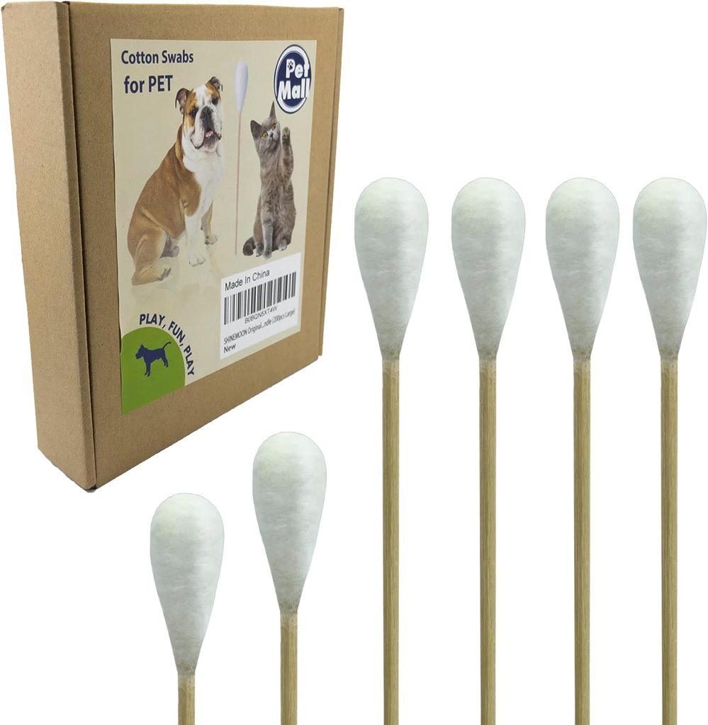 SHINEMOON Original Big Cotton Buds for Pets – Premium Cat and Dog Ear Cleaner Cotton Swabs – Soft, Absorbent Cleaning Ear Bud with Long 6 Inch Wood Handle (200pcs Large)