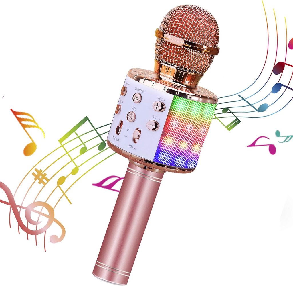 ShinePick Karaoke Microphone, 4 in 1 Wireless Microphone with LED Lights Handheld Portable Karaoke Machine, Home KTV Player, Compatible with Android  iOS Devices(Pink)