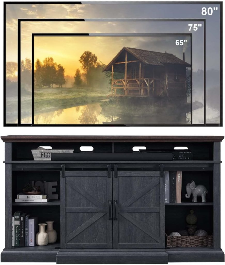 SinCiDo Farmhouse TV Stand for 80 Inch TVs, 39 Tall Entertainment Center w/Double Sliding Barn Door, Large Media Console Cabinet w/Soundbar  Adjustable Shelves for Living Room, 70inch, Dark Grey