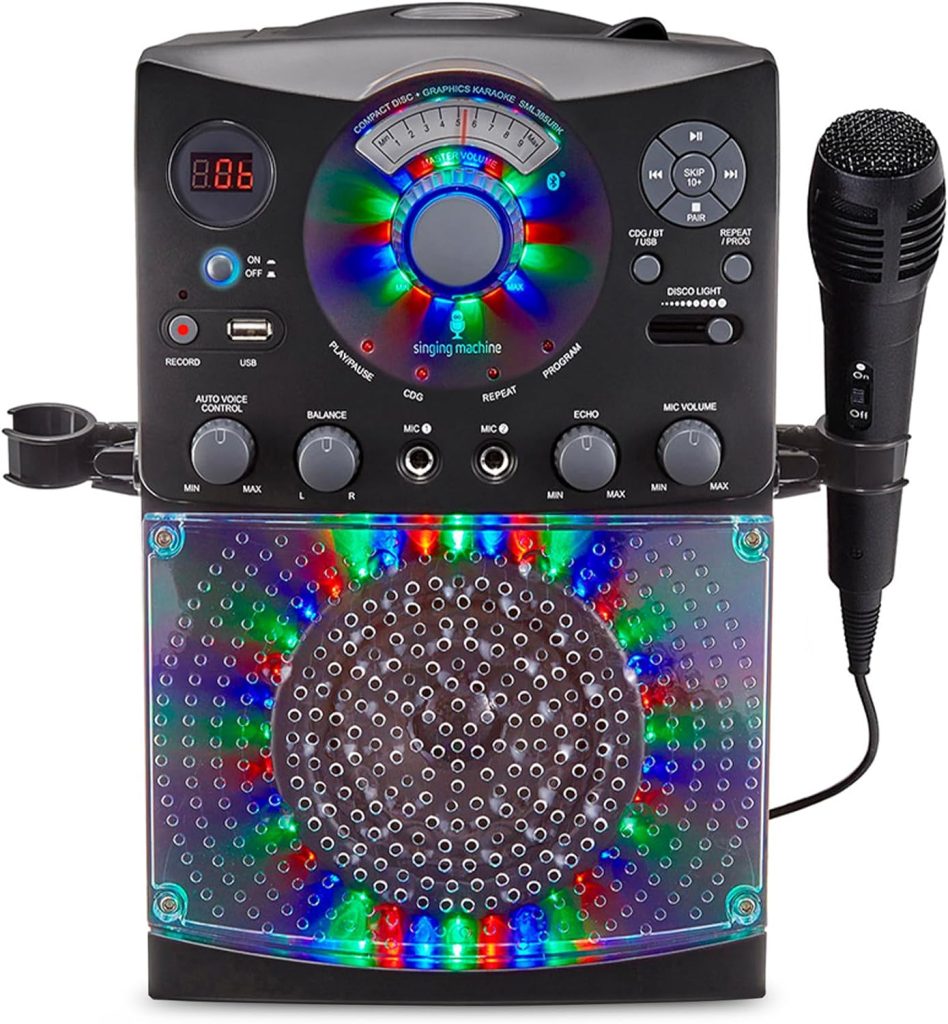 Singing Machine Karaoke Machine for Kids and Adults with Wired Microphone - Built-In Speaker with LED Disco Lights - Wireless Bluetooth, CD+G  USB Connectivity - Black [Amazon Exclusive]