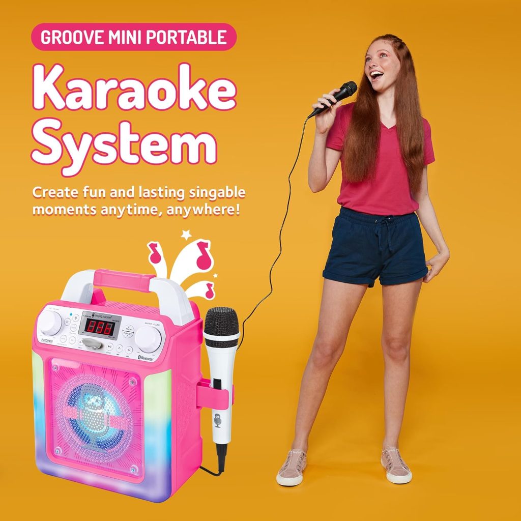 Singing Machine Portable Karaoke Machine for Adults  Kids with Wired Microphone, Groove Mini (Pink) - Built-In Karaoke Speaker, Bluetooth with LED Lights - Karaoke System with Voice Changing Effects