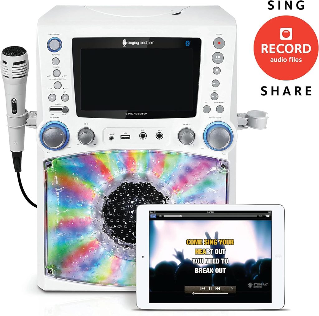 Singing Machine STVG785BTW Bluetooth Karaoke Machine with LCD Lyrics Monitor and Disco Lights, White