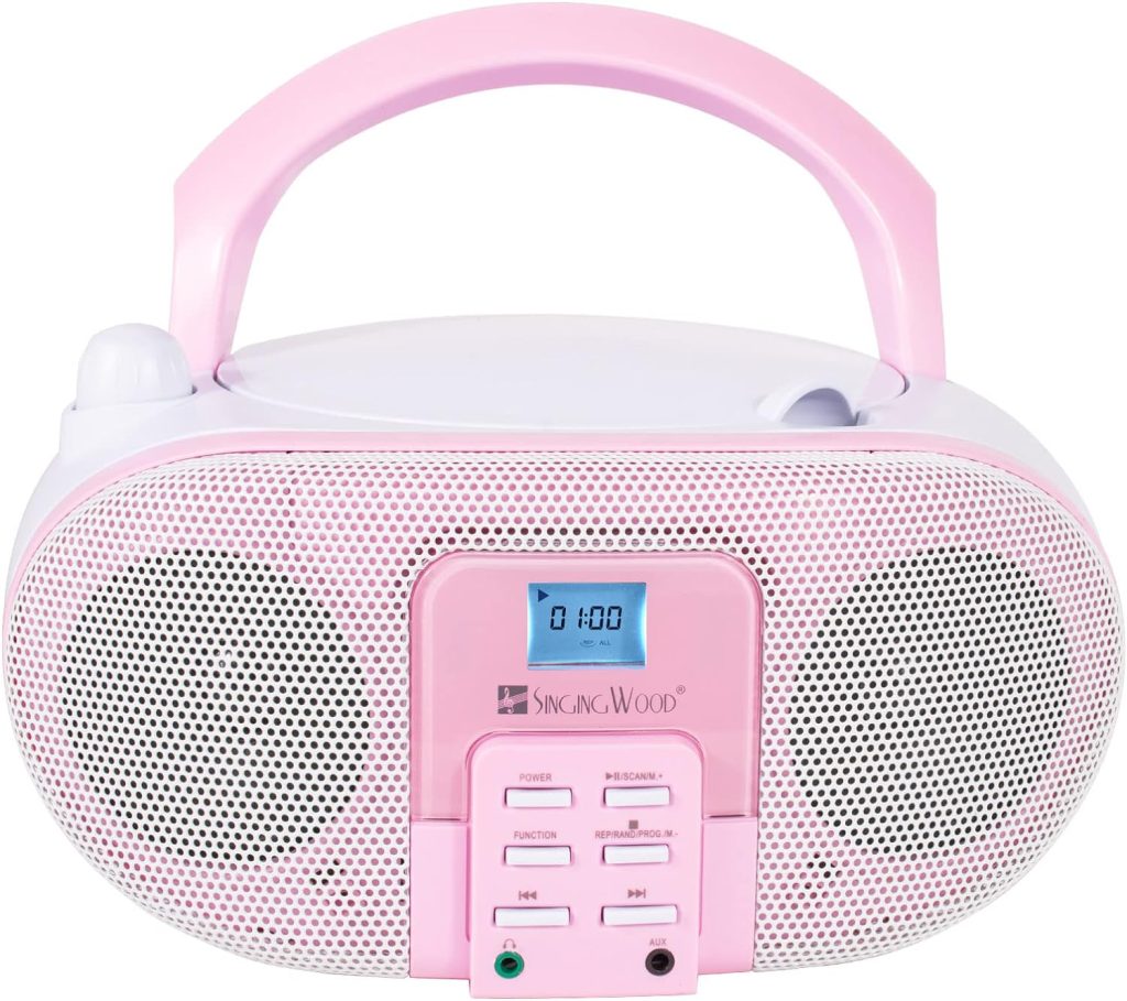SingingWood GC01 Macarons Series Portable CD Player Boombox with AM FM Stereo Radio Kids CD Player LCD Display, Front Aux-in Port Headphone Jack, Supported AC or Battery Powered -Rose