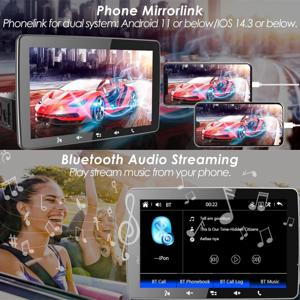 Single Din Bluetooth Car Stereo: 9 Inch IPS Touchscreen Audio with Carplay | Android Auto | MirrorLink | Backup Camera | FM/AM Car Radio | USB/SD/AUX-in | Fast Charging | Subwoofer