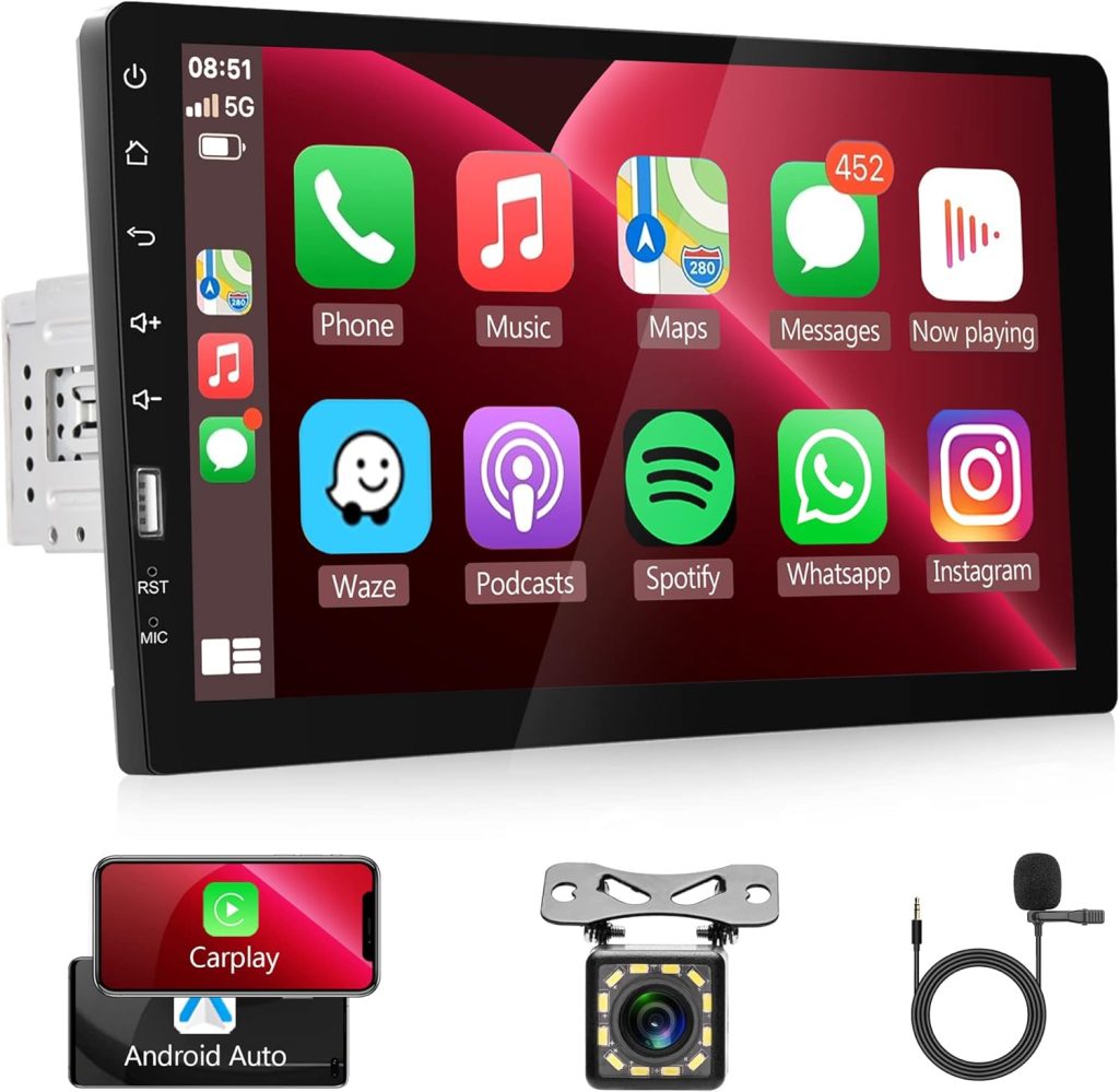 Single Din Car Stereo Apple Carplay Android Auto, Rimoody 9 Inch Touchscreen Radio with Bluetooth FM AM iOS/ Mirror Link TF/USB/AUX Input Multimedia Player + Backup Camera