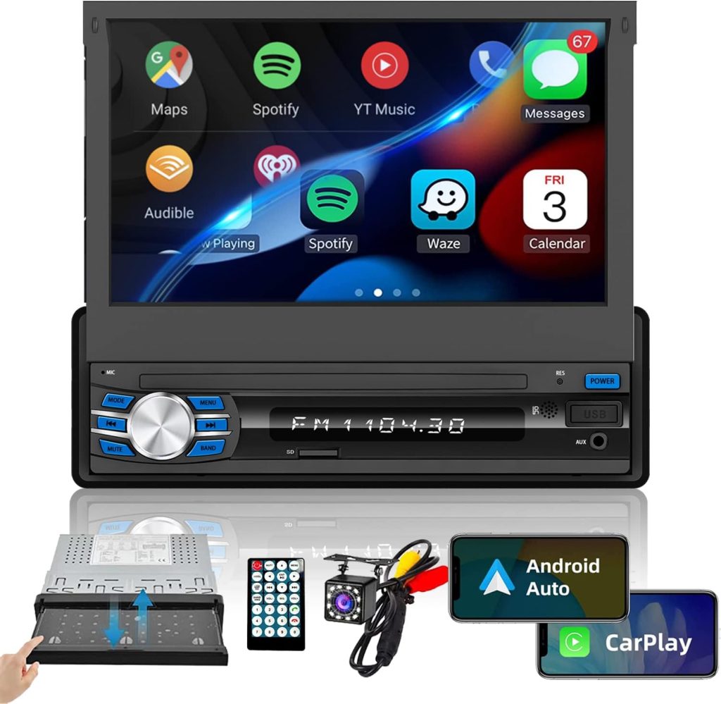 Single Din Car Stereo Compatible with Apple Carplay Android Auto, 7inch HD Flip Out Screen Stereo with Bluetooth, Touchscreen, Audio Receivers, FM/USB/AUX/TF/Subwoofer