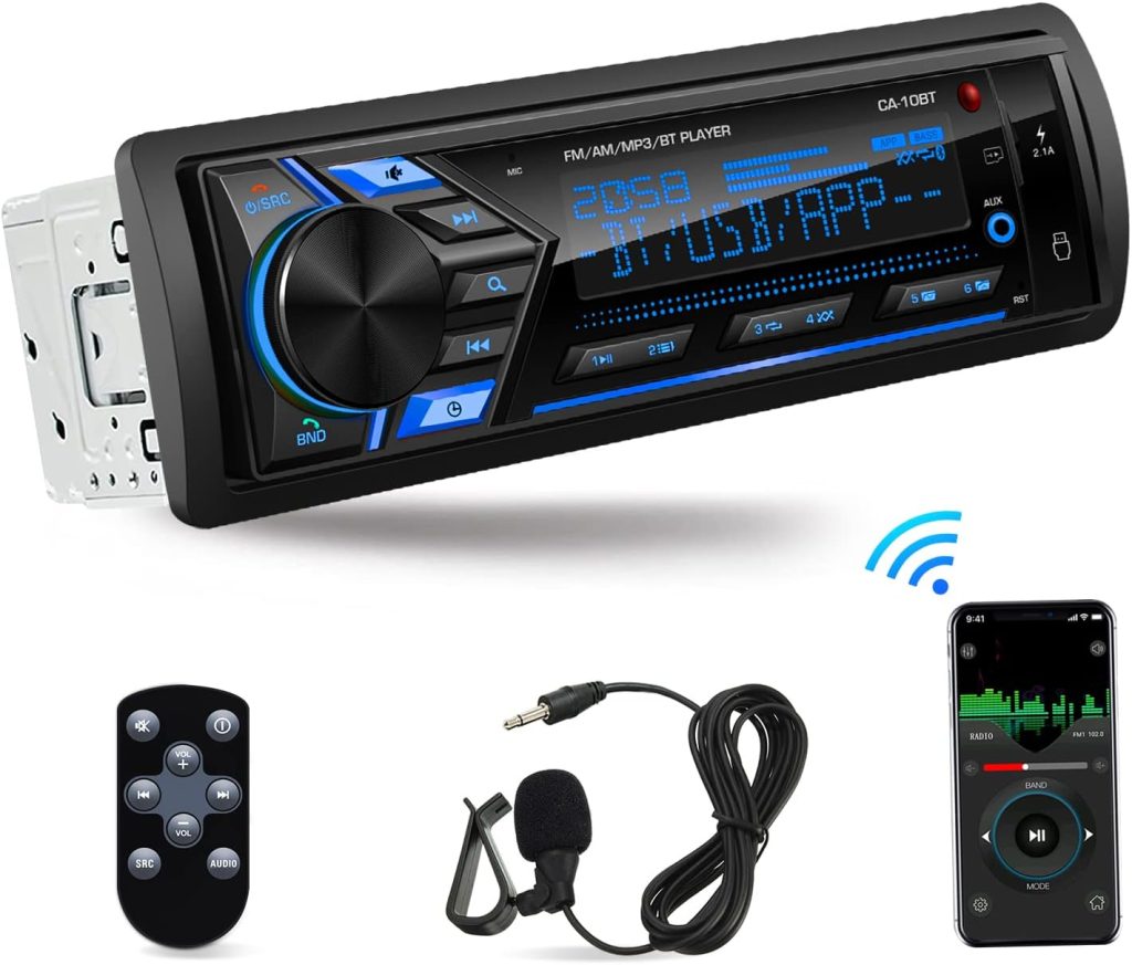 Single Din Car Stereo Radio: Bluetooth Mechless Multimedia System | AM FM Radio Receiver | MP3 USB Aux-in | 7 RGB LCD Backlight | Built-in Mic | Wireless Remote | APP Control