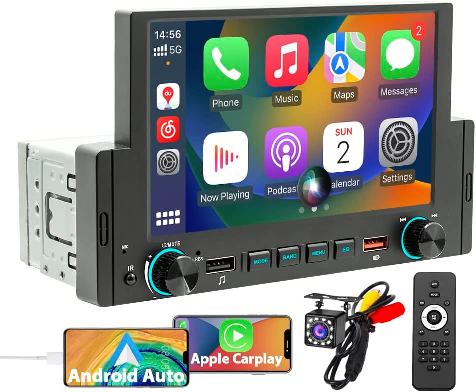 Single Din Car Stereo with 6.2 Inch IPS Full HD Touchscreen, Apple CarPlay/Android Auto/Phone Mirror-Link, FM Radio with Bluetooth 5.1 Handsfree and 12LED HD Backup Camera, Audio/Video Player