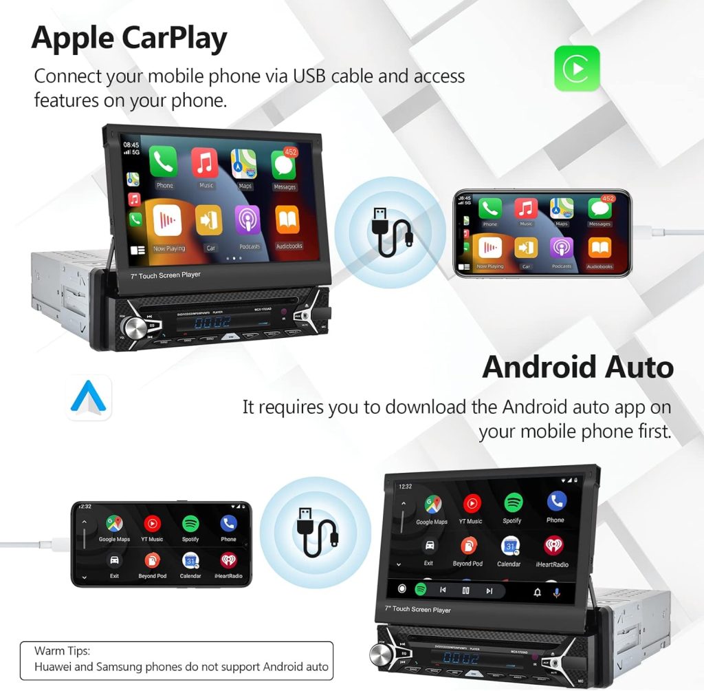 Single Din Car Stereo with Carplay Android Auto,CD/DVD Player,7 Inch Motorized Flip Out Touch Screen,Car Radio Support Bluetooth,FM/AM/RDS Radio,SWC,Mirror Link+Backup Camera,Remote Control