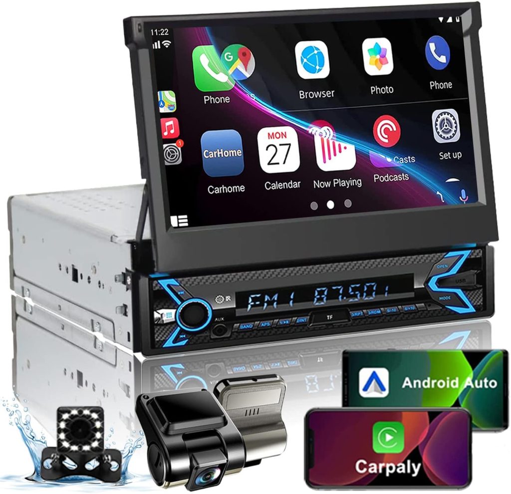 Single Din Car Stereo with Dash Cam  Backup Camera, 7INCH Flip Out Single Din Touchscreen Car Stereo with Apple Carplay  Android Auto, Car Audio Receivers FM Car Radio, BT/Subwoofer/AUX/TF/SD Ports