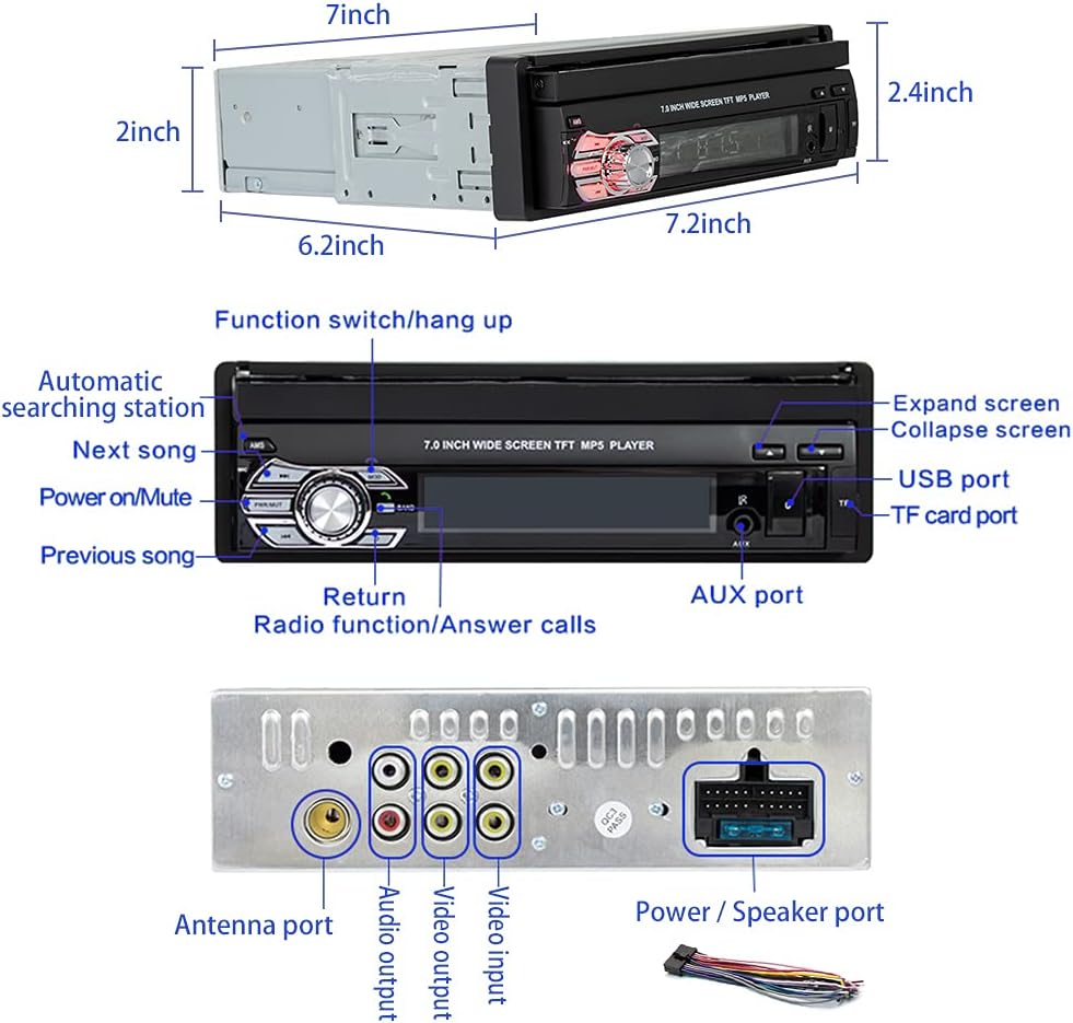 Single Din Touch Screen Car Stereo with Bluetooth, Rimoody 1 DIN 7 Inch Flip Out Car Radio with Mirror Link FM Radio AUX- in USB SD TF Card Input EQ Setting MP5 Player + Backup Camera