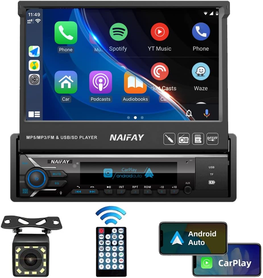 Single Din Touchscreen Car Stereo with Apple Carplay  Android Auto, 7INCH Flip Out Screen Car Stereo with Bluetooth Foldable Car Audio Receivers with Camera, FM Radio/Mirror Link/USB/AUX/TF/Subwoofer